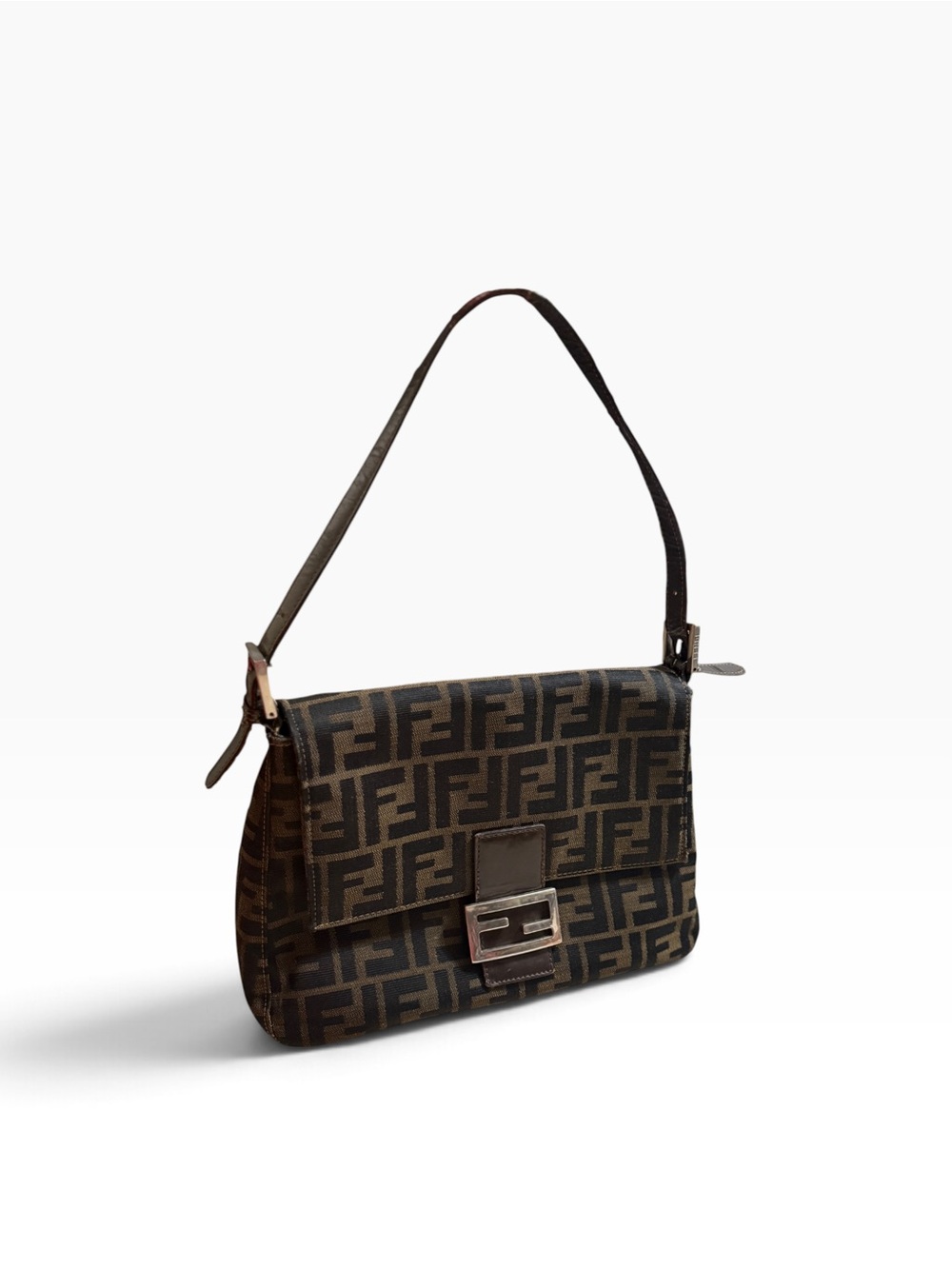 Auth Fendi Brown Zucca L Mama Baguette Shoulder Bag canvas Silver FF Hardware